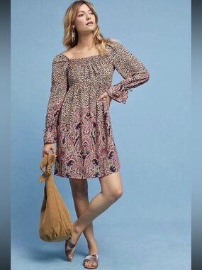 Anthropologie Maeve Milou Leopard Paisley Square Neck Dress Women's Size Small